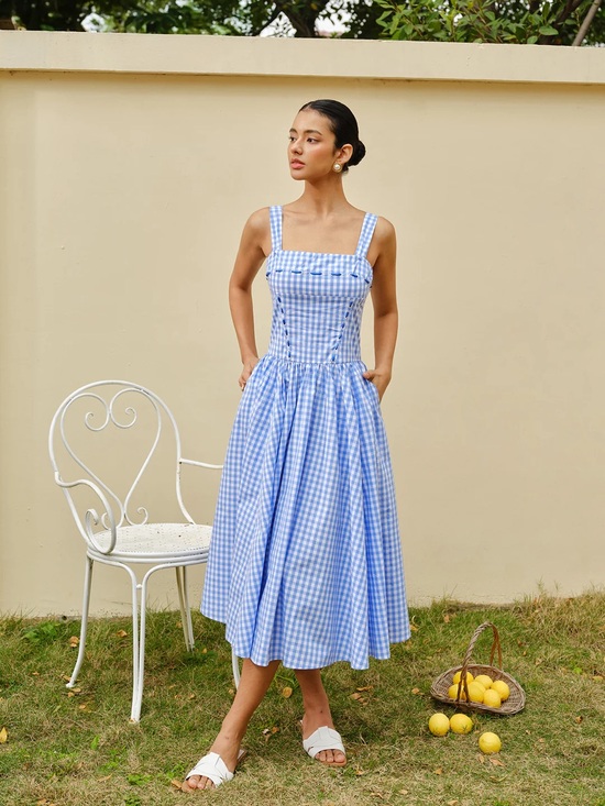 Commense Dresses & Skirts - Commense Blue Gingham Midi Dress with Square Neck & Wide Straps
